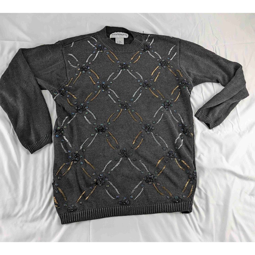 Norton McNaughton Womens Black Beaded Floral Sweater Vintage Embellished size L